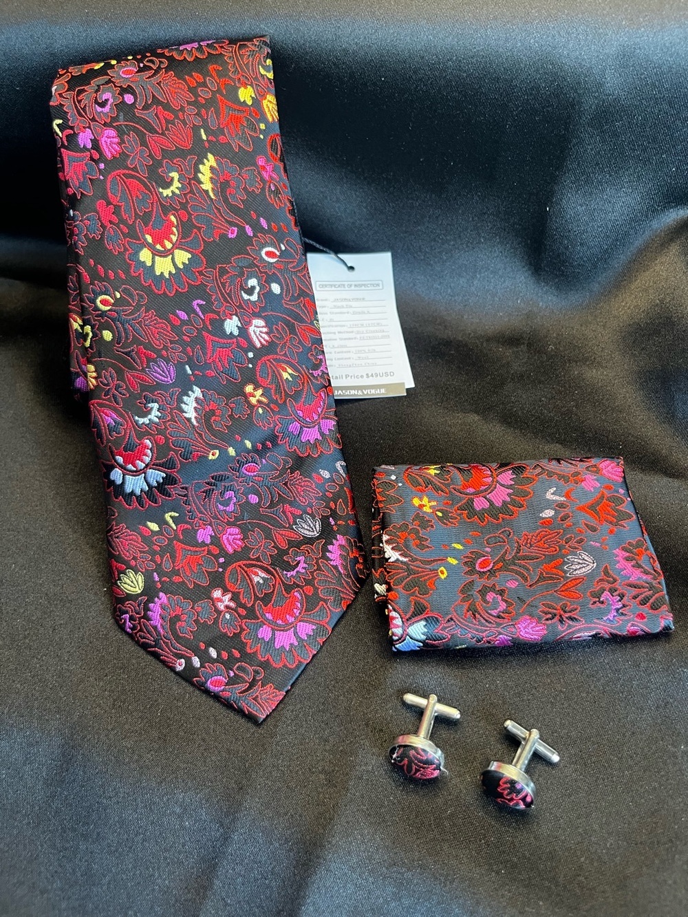 Black Floral Paisley Tie Set with Matching Pocket Square and Cufflinks